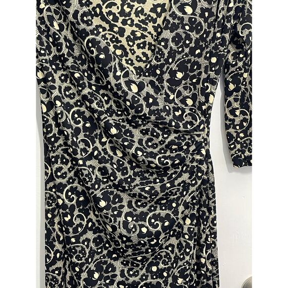 Y2k Vintage Dress Small Faux Wrap Black Gold Whimsygoth 3/4 Sleeve Office Siren - Picture 3 of 6